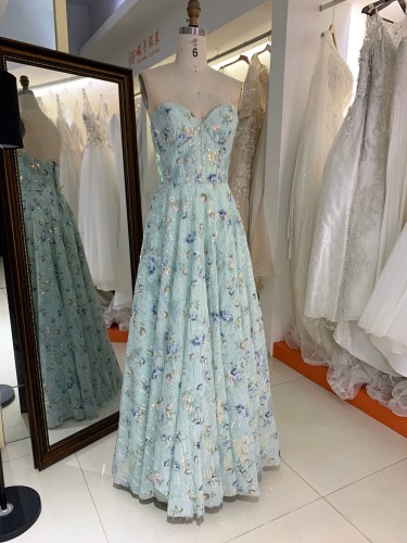 Mint Green corset chiffon printed sequin sleeveless sweetheart zipper up back A line formal prom dresses