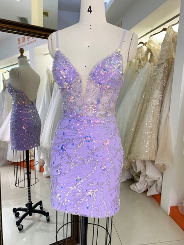 Lilac with sequined corset sleeveless short prom homecoming party dresses for teenagers