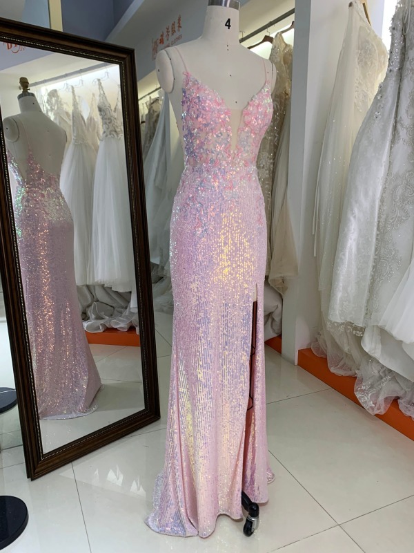 Pink sleeveless with sequin embroidery deep V neck high slit floor length mermaid fitted prom dresses