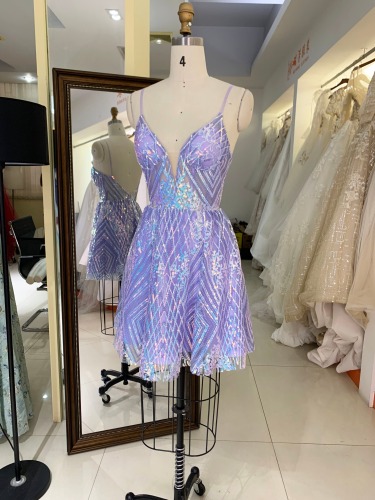 Lilac purple sequin sleeveless A line puffy short prom homecoming graduation dresses for girls