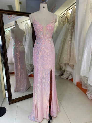 Pink sleeveless with sequin embroidery deep V neck high slit floor length mermaid fitted prom dresses