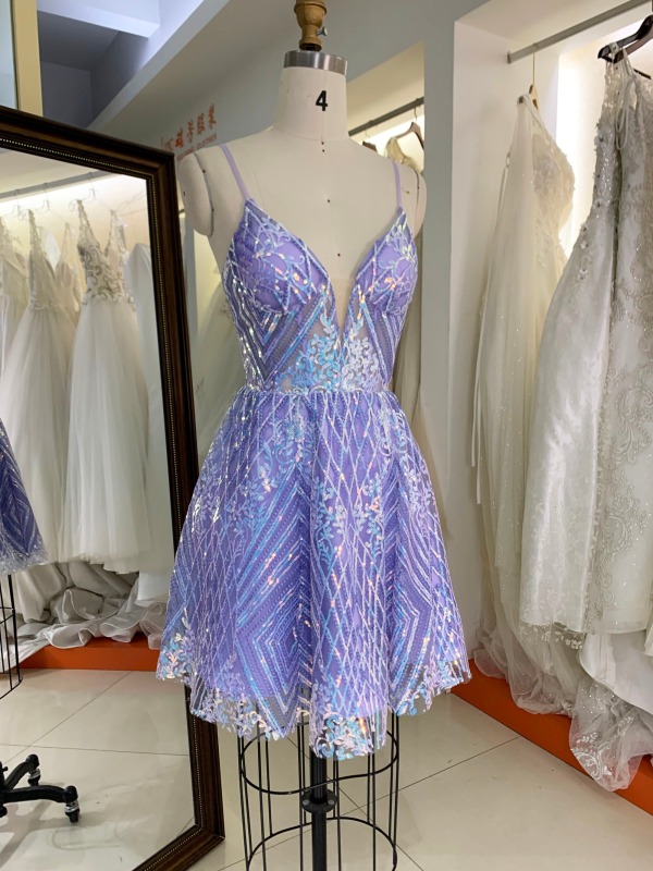 Lilac purple sequin sleeveless A line puffy short prom homecoming graduation dresses for girls