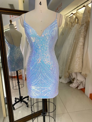 Light blue sleeveless with sequined pattern deep V neck open back fitted short prom homecoming dresses 30 - 99 pieces