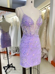 Lilac with sequined corset sleeveless short prom homecoming party dresses for teenagers
