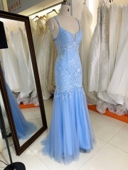 Light blue 2023 New 3D lace embroidery sleeveless mermaid fitted lace up back prom dresses