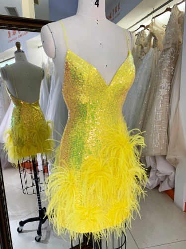 Yellow feather sequin teen short homecoming short dance fitted dresses for girls