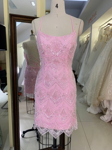 Pink sleeveless with sequined round neck lace up back fitted short prom homecoming birthday party dresses