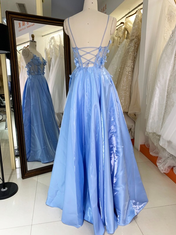 Light blue sleeveless lace up back shiny satin prom dresses 3D floral party evening dress