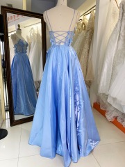 Light blue sleeveless lace up back shiny satin prom dresses 3D floral party evening dress