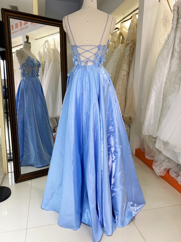 Light blue sleeveless lace up back shiny satin prom dresses 3D floral party evening dress