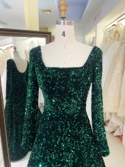 Emerald green square neck long sleeve sequin velvet prom dresses evening gowns sexy ball gown
