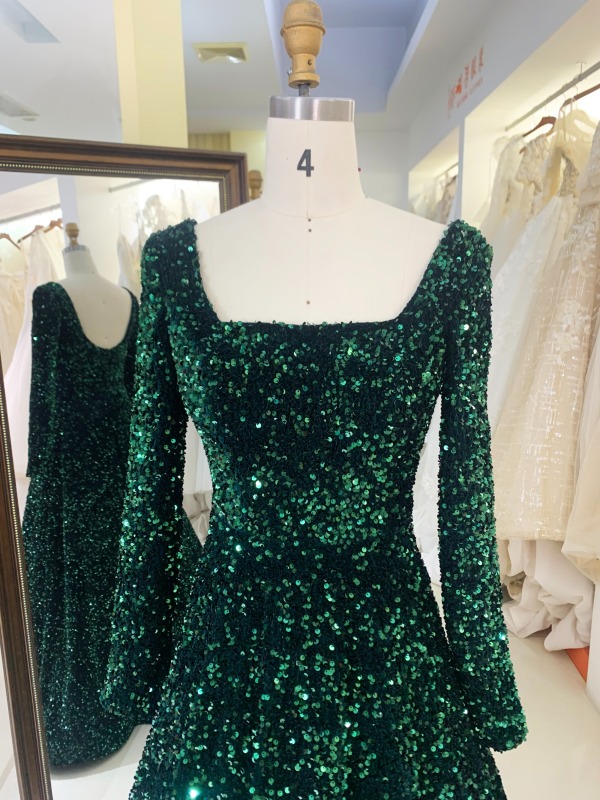 Emerald green square neck long sleeve sequin velvet prom dresses evening gowns sexy ball gown