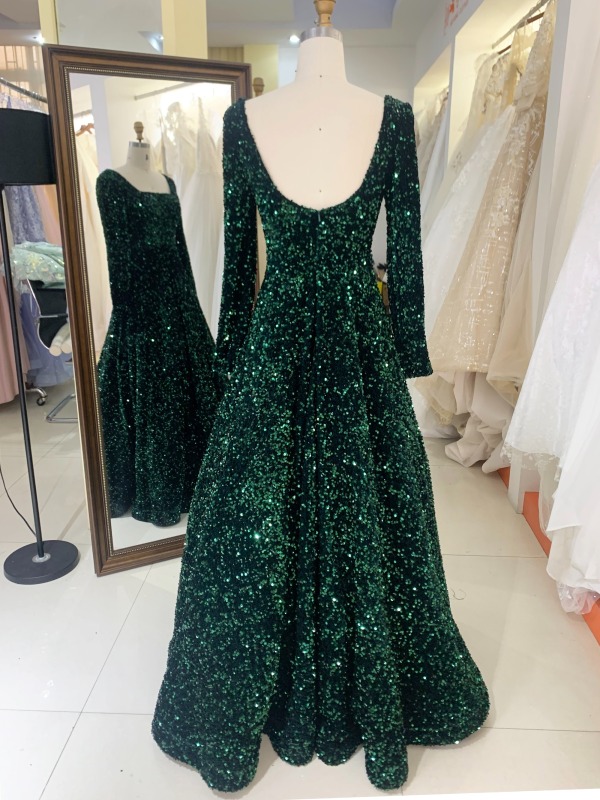 Emerald green square neck long sleeve sequin velvet prom dresses evening gowns sexy ball gown