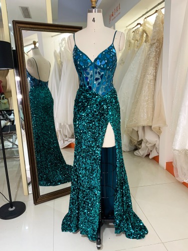 Emerald green sleeveless mirror corset see-through sequin velvet high slit good brand sexy formal prom dresses