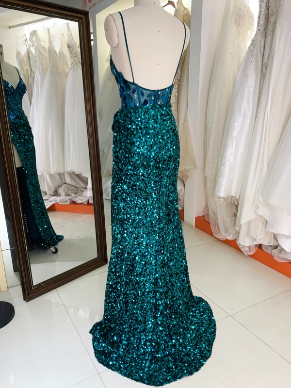 Emerald green sleeveless mirror corset see-through sequin velvet high slit good brand sexy formal prom dresses