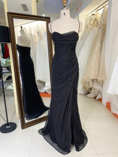 Black gold sleeveless corset glitter tulle lace up back hand pleated side slit mermaid formal maxi prom dresses