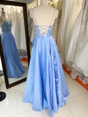 Light blue sleeveless lace up back shiny satin prom dresses 3D floral party evening dress
