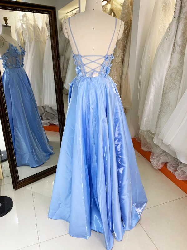 Light blue sleeveless lace up back shiny satin prom dresses 3D floral party evening dress