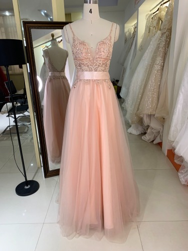 Pink embroidery V neck sleeveless satin belt tulle A line skirt formal prom dresses