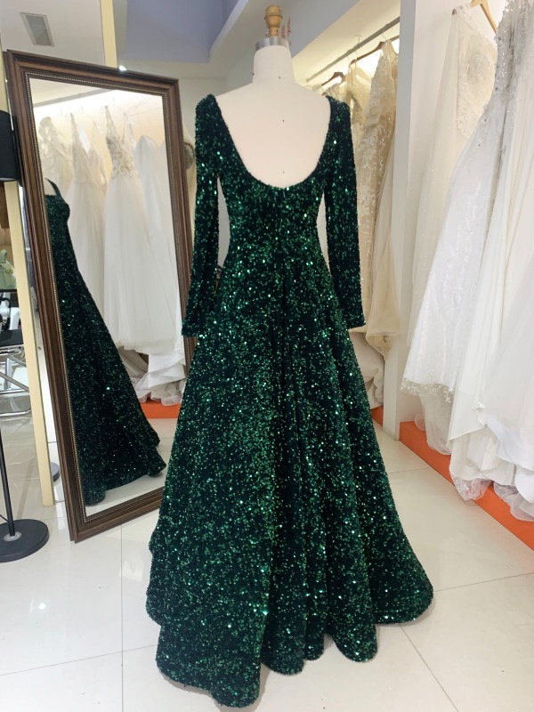 Emerald green square neck long sleeve sequin velvet prom dresses evening gowns sexy ball gown