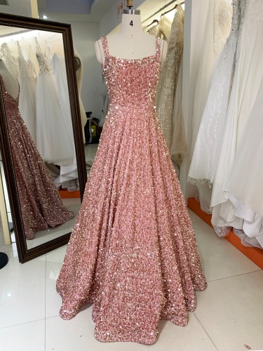 Dusty Rose square neck sleeveless sequin velvet prom dresses evening gowns sexy ball gown