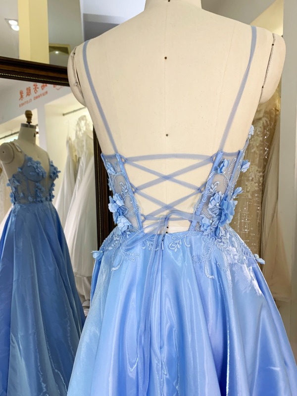 Light blue sleeveless lace up back shiny satin prom dresses 3D floral party evening dress