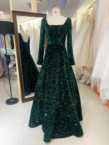 Emerald green square neck long sleeve sequin velvet prom dresses evening gowns sexy ball gown
