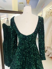 Emerald green square neck long sleeve sequin velvet prom dresses evening gowns sexy ball gown