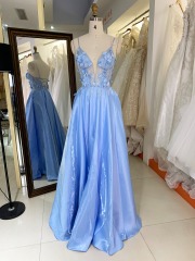 Light blue sleeveless lace up back shiny satin prom dresses 3D floral party evening dress