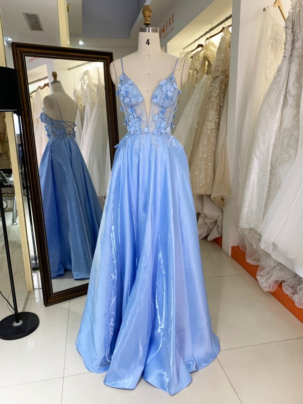 Light blue sleeveless lace up back shiny satin prom dresses 3D floral party evening dress