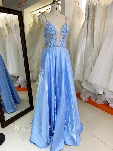 Light blue sleeveless lace up back shiny satin prom dresses 3D floral party evening dress