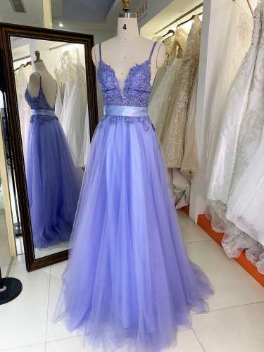 Dusty blue embroidery V neck sleeveless satin belt tulle A line skirt formal prom dresses