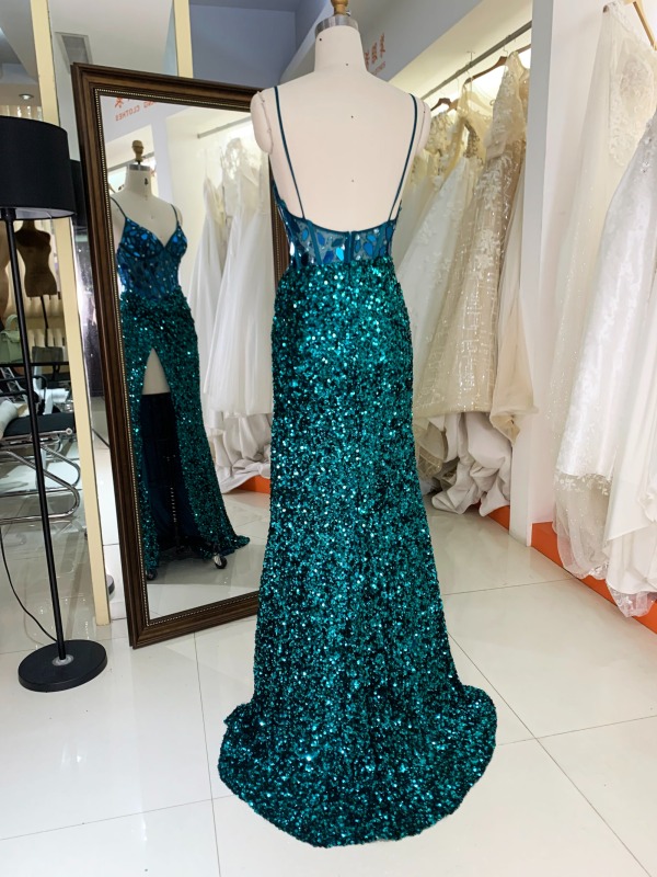 Emerald green sleeveless mirror corset see-through sequin velvet high slit good brand sexy formal prom dresses