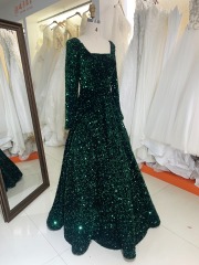 Emerald green square neck long sleeve sequin velvet prom dresses evening gowns sexy ball gown