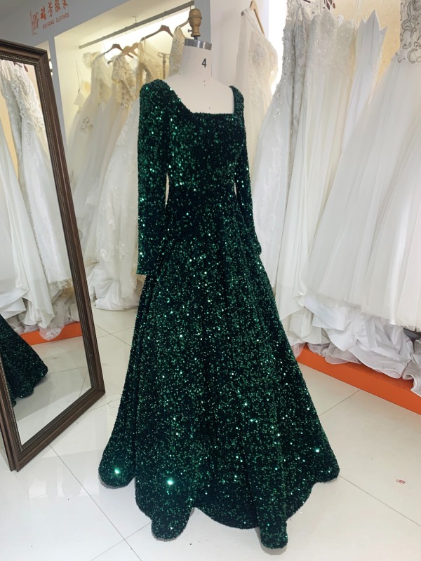 Emerald green square neck long sleeve sequin velvet prom dresses evening gowns sexy ball gown