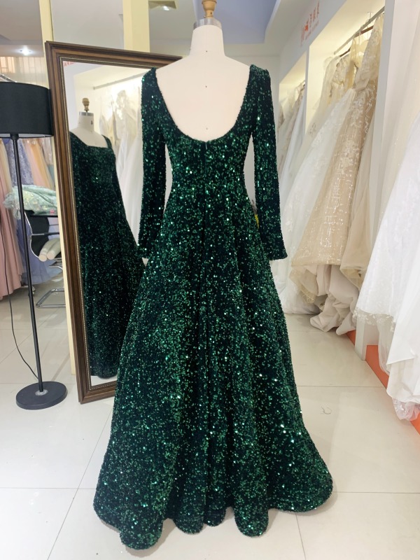 Emerald green square neck long sleeve sequin velvet prom dresses evening gowns sexy ball gown