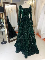 Emerald green square neck long sleeve sequin velvet prom dresses evening gowns sexy ball gown