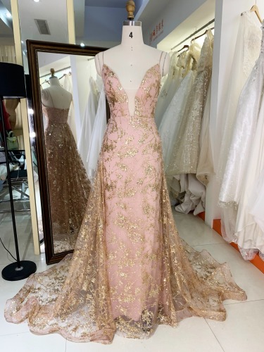 Rose Gold sparkle fabric embroidered sleeveless deep V mermaid fitted detachable skirt prom evening dresses