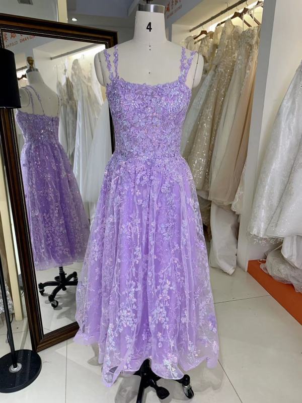 Square Neckline Full Embroidery At Bodice A Line Lace Elegant Midi Length Evening Dress