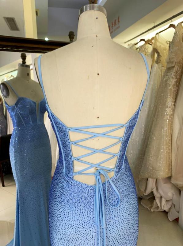 American hot fix stone prom dresses 2023 mermaid light blue sexy classy