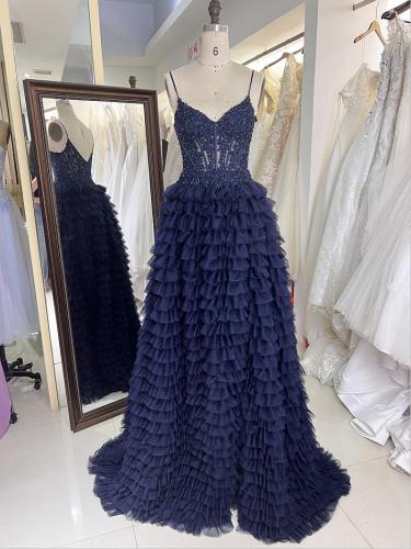 Navy beading embroidery boning ruffle ball gown prom dresses