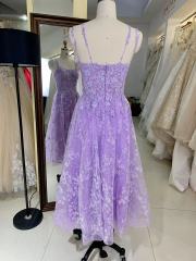 Square Neckline Full Embroidery At Bodice A Line Lace Elegant Midi Length Evening Dress
