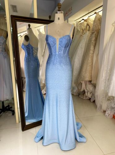 American hot fix stone prom dresses mermaid light blue sexy classy