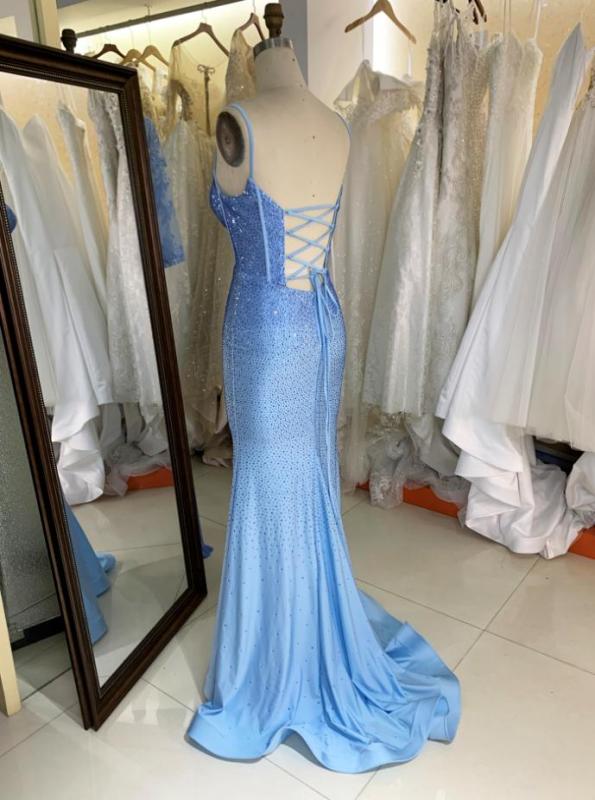 American hot fix stone prom dresses 2023 mermaid light blue sexy classy