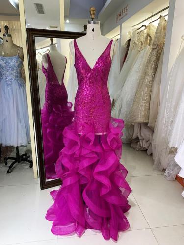 New american see through glitter ball gown black and red ruffle mermaid prom dresses