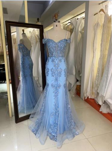 Sky blue navy off shoulder V back corset glitter embroidered mermaid fitting prom evening dresses for women