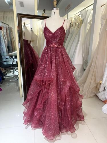 Lilac Red emerald sleeveless shiny tulle pleated ruffle hand beading waist chain lace up back prom evening dresses