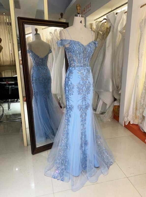 Sky blue navy off shoulder V back corset glitter embroidered mermaid fitting prom evening dresses for women