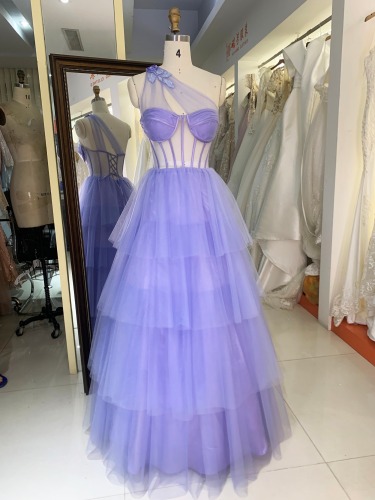 One Shoulder Fitted Corset Boning Bodice Ruffle Skirt Ball Gown Prom Dress