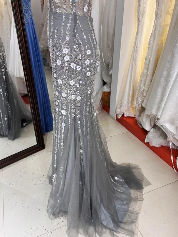 Silver Gray glitter fabric flower sweetheart corset tulle mermaid fitted prom evening dresses for sexy women